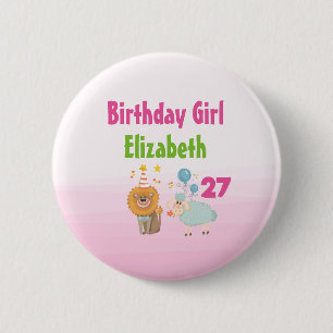 Birthday Girl with Party Lion and Balloon Sheep Button