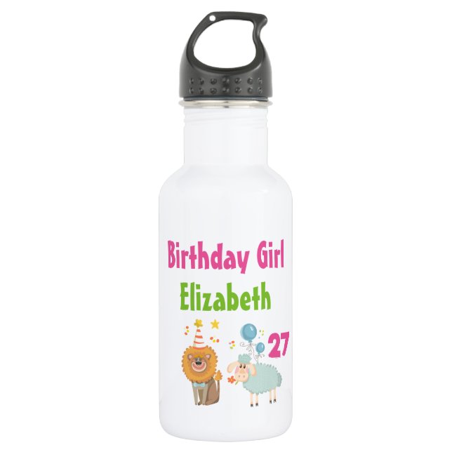 Birthday Girl with Party Lion and Balloon Sheep Water Bottle (Front)