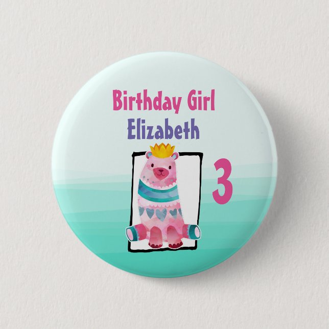 Birthday Girl with Watercolor Bear Wearing a Crown Button (Front)