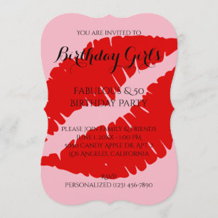 Birthday Girl's & 40 Red Lipstick with Pale Pink Invitation