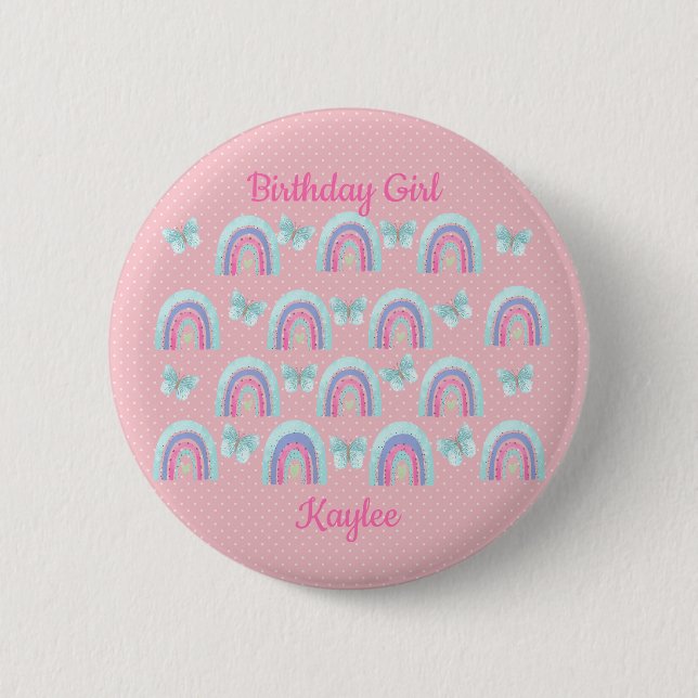 Birthday Girls Rainbows, Butterflies & Polka Dots  Button (Front)