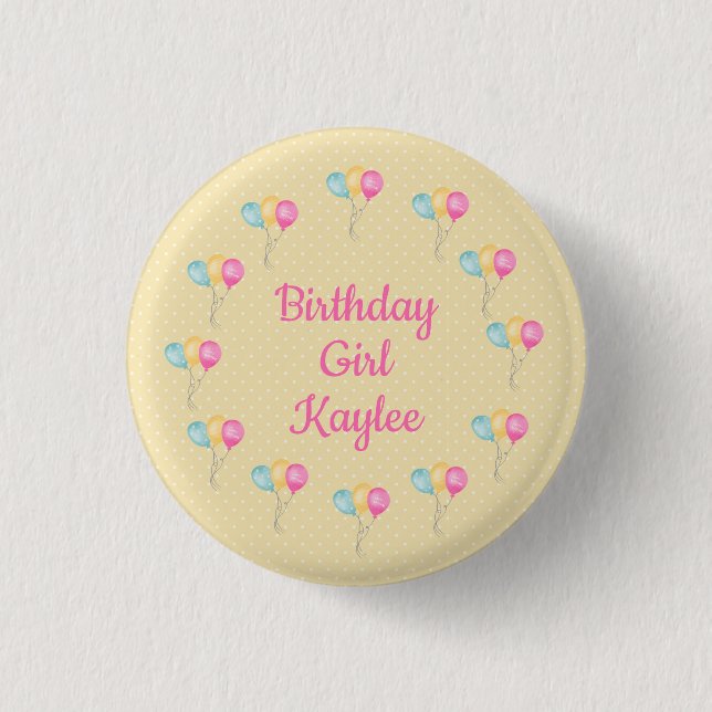 Birthday Girls Yellow Polka Dots And Balloons Button (Front)