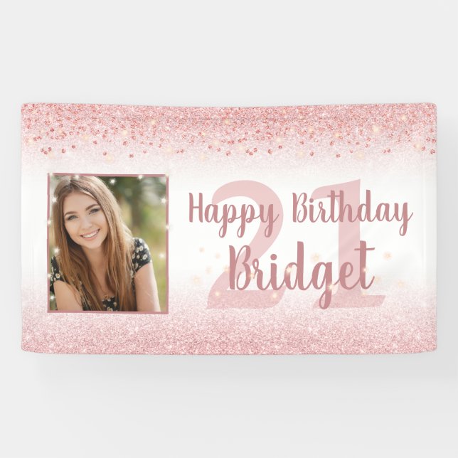 Birthday Girly Rose Gold Glitter Sparkle Photo Banner (Horizontal)