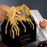 Birthday glitter black gold drips monogram name favor boxes<br><div class="desc">Elegant, classic, glamorous and girly for a 21st (or any age) birthday party favors. A chic black background color. On the front and the back: Personalize and add a name, age 21 and a date. The name is written with a modern hand lettered style script. Decorated with faux gold drips,...</div>