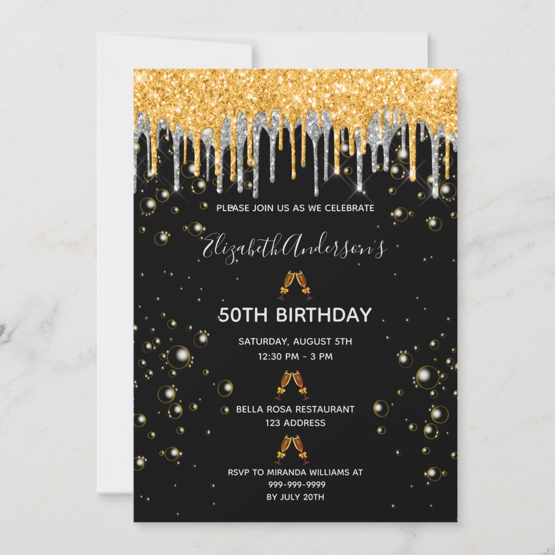 Birthday glitter black gold silver sparkle party invitation | Zazzle