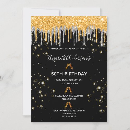 Birthday glitter black gold silver sparkle party invitation