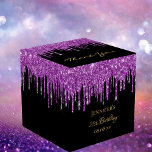 Birthday glitter black purple sparkle monogram favor boxes<br><div class="desc">Elegant, classic, glamorous and girly for a 21st (or any age) birthday party favors. A chic black background color. On the front and the back: The text: 21st Birthday and Thank You written with a modern hand lettered style script. Decorated with deep purple faux glitter drips, paint dripping look. Personalize...</div>