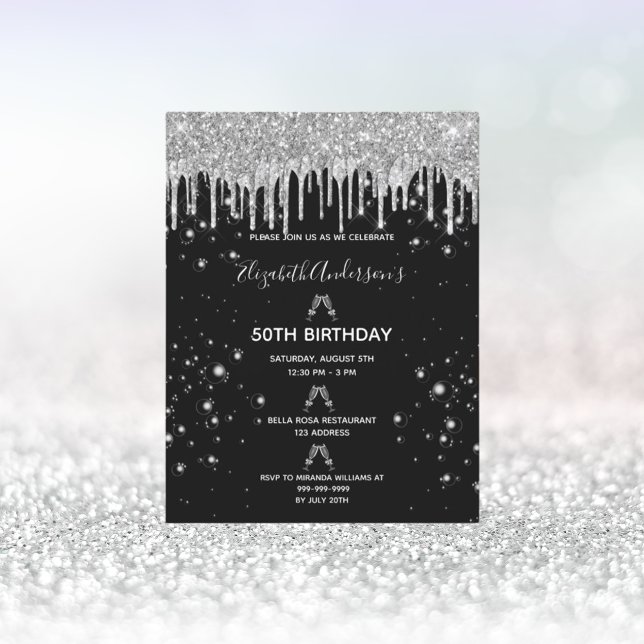 Birthday glitter black silver sparkle invitation postcard (Creator Uploaded)