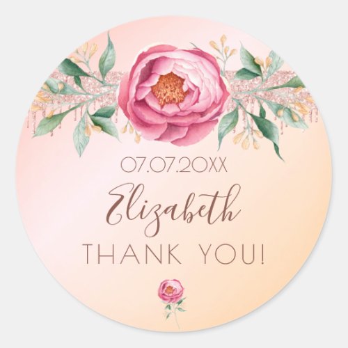 Birthday glitter blush pink rose floral thank you classic round sticker