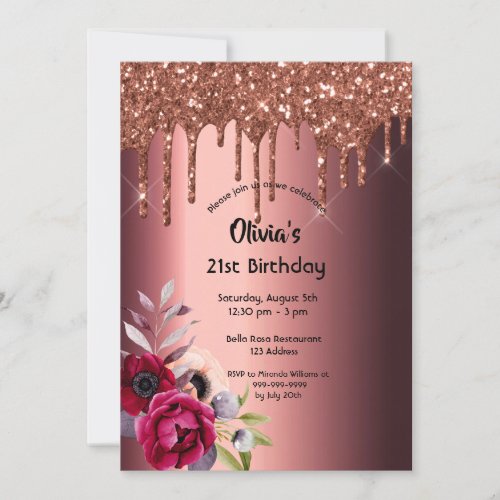 Birthday glitter drip burgundy floral invitation