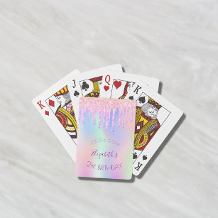 Birthday glitter drip holographic rainbow monogram playing cards