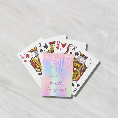Birthday glitter drip holographic rainbow monogram poker cards