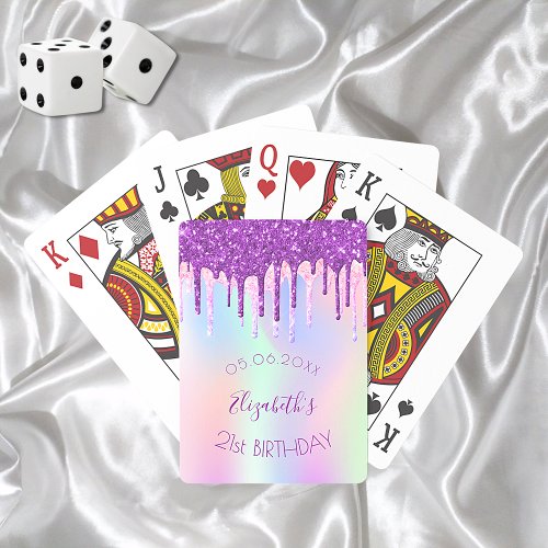 Birthday glitter drip purple holographic monogram poker cards