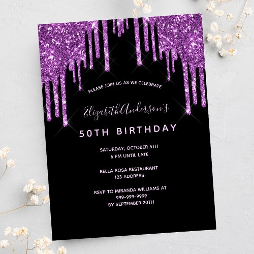 Birthday glitter drips black purple invitation postcard