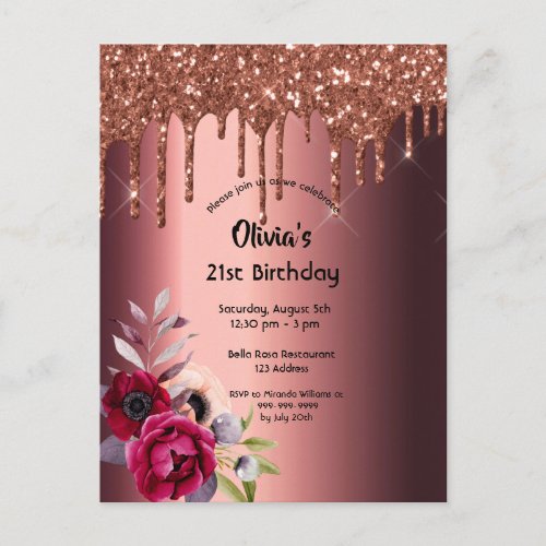 Birthday glitter drips invitation postcard