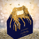 Birthday glitter navy blue gold sparkle name favor boxes<br><div class="desc">Elegant, classic, glamorous and girly for a 21st (or any age) birthday party favors. A chic navy blue background color. On the front and the back: Personalize and add a name, age 21 and a date. The name is written with a modern hand lettered style script. Decorated with faux gold...</div>