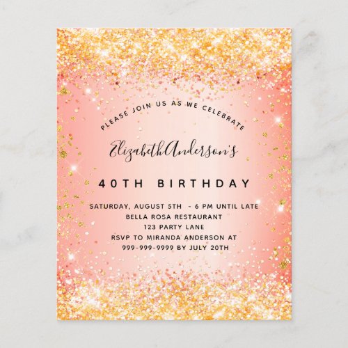 Birthday glitter orange gold budget invitation flyer