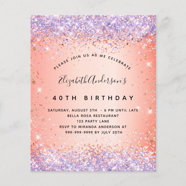 Birthday glitter orange purple budget invitation flyer (Front)