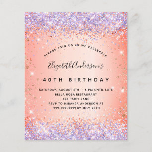 Birthday glitter orange purple budget invitation flyer