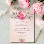 Birthday glitter pink rose gold florals invitation postcard<br><div class="desc">A romantic invitation for a 50th (or any age) birthday party. A rose gold and blush pink gradient background. A large pink watercolored rose, green leaves, foliage with small golden flowers. A rose gold faux glitter band behind the flowers. Personalize and add a name and party details. Dark rose gold...</div>