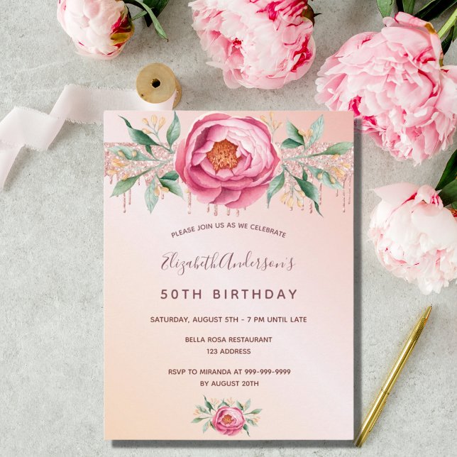 Birthday glitter pink rose gold florals invitation postcard (Creator Uploaded)