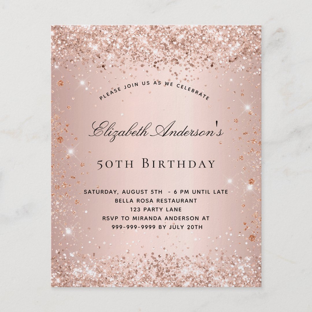 Birthday glitter rose gold blush budget invitation flyer | Zazzle