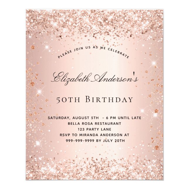 Birthday glitter rose gold blush budget invitation flyer (Front)