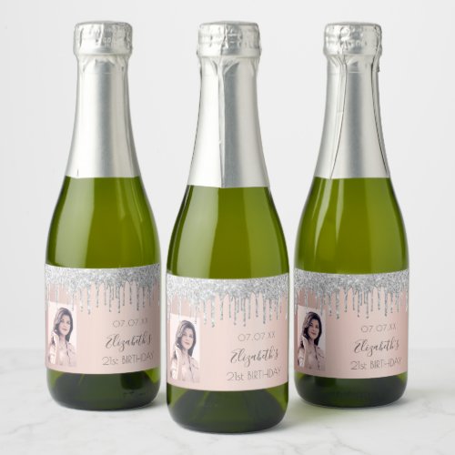 Birthday glitter rose gold blush silver photo sparkling wine label