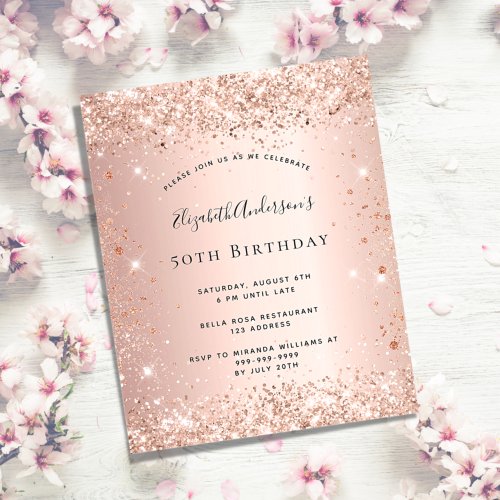 Birthday glitter rose gold invitation budget flyer