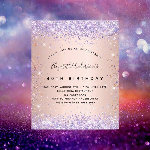 Birthday glitter rose violet budget invitation flyer