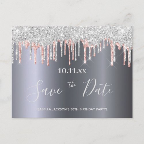 Birthday glitter silver rose gold save the date postcard
