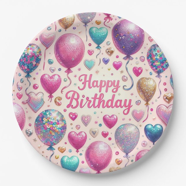 Birthday Glittery Balloons Paper Plates (Front)