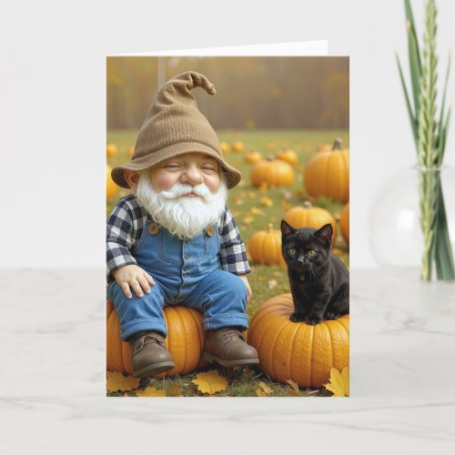 Birthday Gnome and Black Kitten On Pumpkins