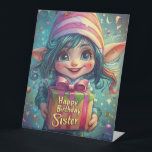 Birthday Gnome – Happy Birthday Sister Pedestal Sign<br><div class="desc">Celebrate your sister’s special day with this enchanting and whimsical birthday gnome illustration! Featuring a cheerful, wide-eyed gnome with vibrant blue hair, a pink-striped hat, and a beautifully wrapped gift that reads "Happy Birthday Sister". he background sparkles with floating confetti, ribbons, and a dreamy fantasy atmosphere, making it an ideal...</div>