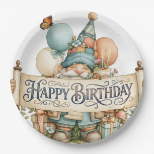 Birthday Gnome Illustration with Balloons Paper Plates