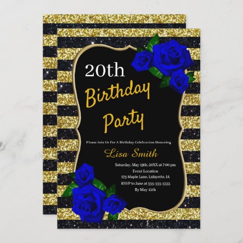 Birthday Gold Black Stripes Glitter Deep Blue Rose Invitation