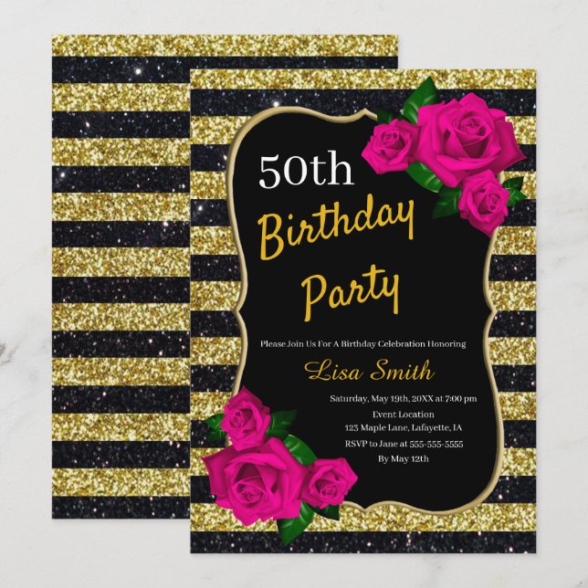 Birthday Gold Black Stripes Glitter Pink Roses Invitation (Front/Back)