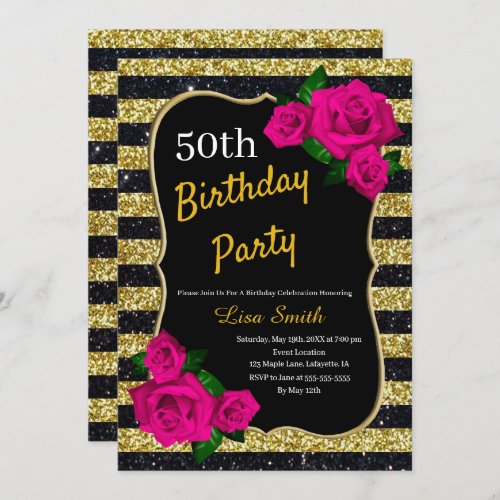 Birthday Gold Black Stripes Glitter Pink Roses Invitation