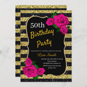 Birthday Gold Black Stripes Glitter Pink Roses Invitation