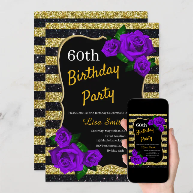 Birthday Gold Black Stripes Glitter Purple Roses Invitation | Zazzle