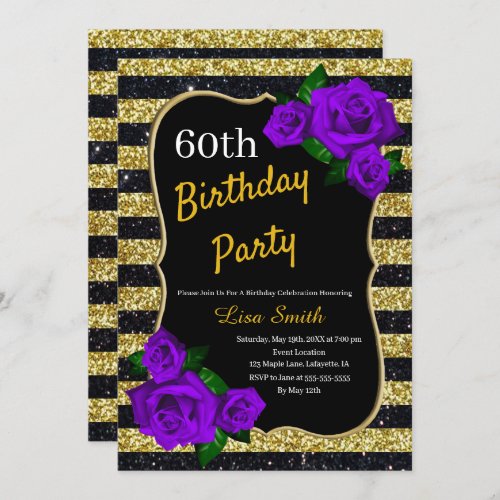 Birthday Gold Black Stripes Glitter Purple Roses Invitation