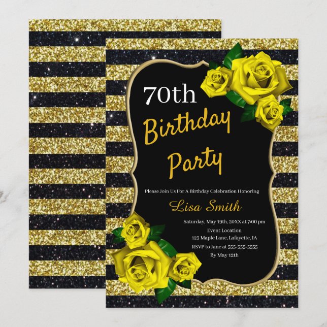 Birthday Gold Black Stripes Glitter Yellow Roses Invitation (Front/Back)