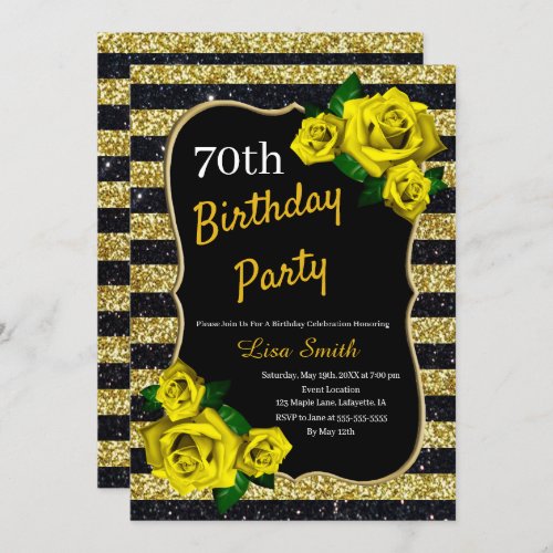 Birthday Gold Black Stripes Glitter Yellow Roses Invitation