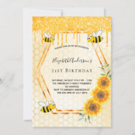 Birthday gold bumble bees sunflowers glitter invitation