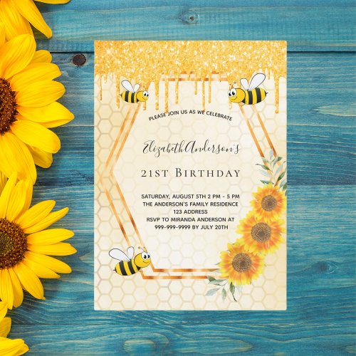 Birthday gold bumble bees sunflowers glitter invitation