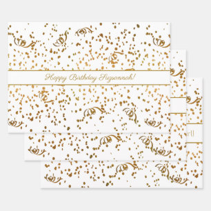 Birthday Gold Confetti Streamers Three Template Wrapping Paper Sheets