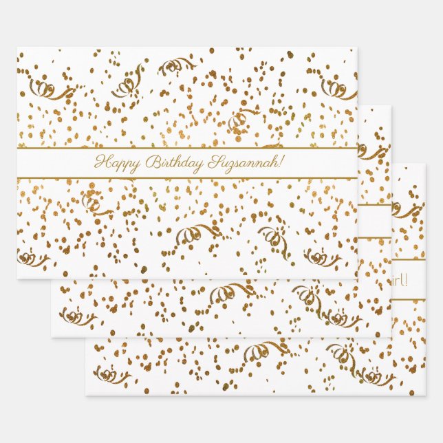 Birthday Gold Confetti Streamers Three Template Wrapping Paper Sheets (Set)