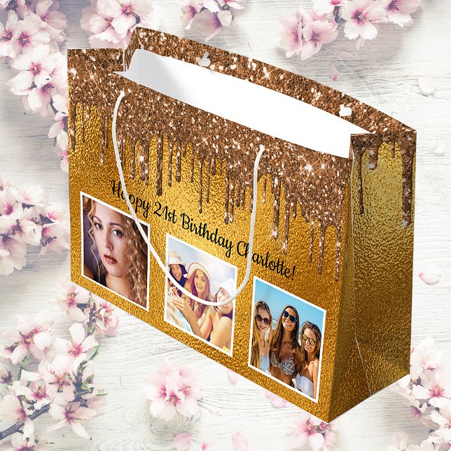 Birthday gold custom photo drips large gift bag (Creator Uploaded)