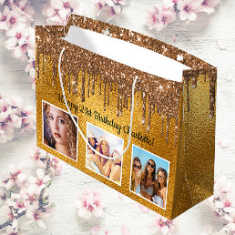 Birthday gold custom photo glitter metal monogram large gift bag