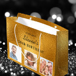 Birthday gold custom photo metal monogram large gift bag<br><div class="desc">For a 50th (or any age) birthday.  A faux gold metallic looking background.   Personalize and add 3 of your own photos,  a date,  name and age 50. Black text. The name is written wit a modern hand lettered style script.</div>